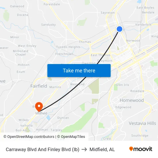 Carraway Blvd And Finley Blvd (Ib) to Midfield, AL map
