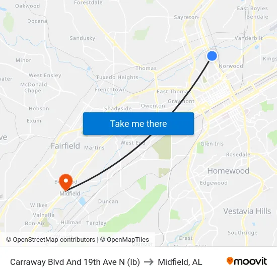 Carraway Blvd And 19th Ave N (Ib) to Midfield, AL map