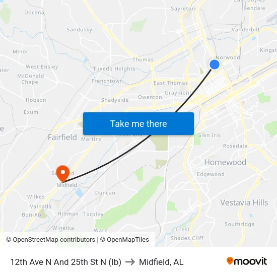 12th Ave N And 25th St N (Ib) to Midfield, AL map