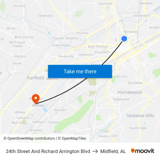 24th Street And Richard Arrington Blvd to Midfield, AL map