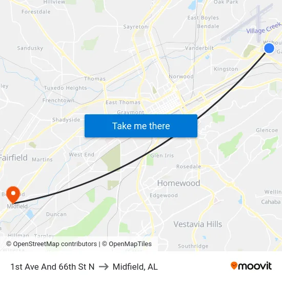 1st Ave And 66th St N to Midfield, AL map