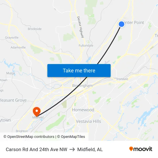 Carson Rd And 24th Ave NW to Midfield, AL map