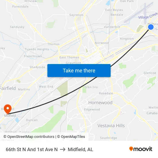 66th St N And 1st Ave N to Midfield, AL map