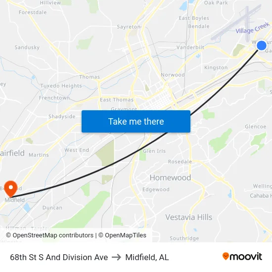 68th St S And Division Ave to Midfield, AL map