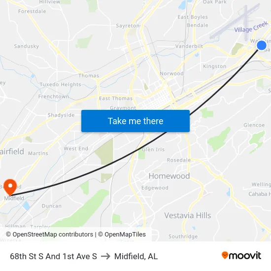 68th St S And 1st Ave S to Midfield, AL map
