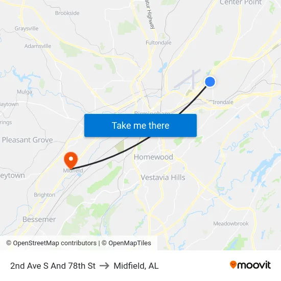 2nd Ave S And 78th St to Midfield, AL map