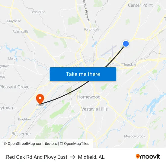 Red Oak Rd And Pkwy East to Midfield, AL map
