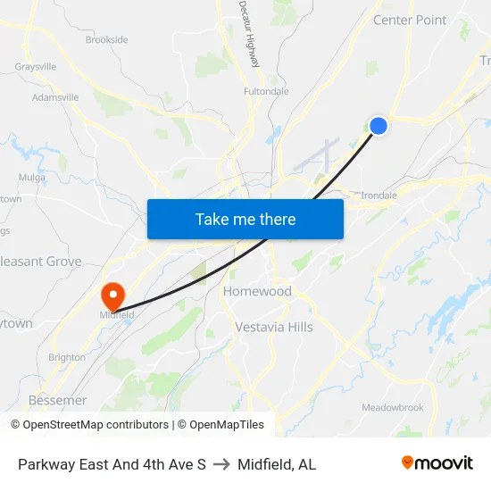 Parkway East And 4th Ave S to Midfield, AL map