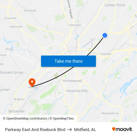 Parkway East And Roebuck Blvd to Midfield, AL map