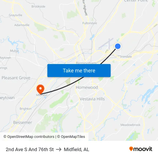 2nd Ave S And 76th St to Midfield, AL map