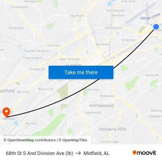 68th St S And Division Ave (Ib) to Midfield, AL map