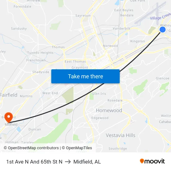 1st Ave N And 65th St N to Midfield, AL map
