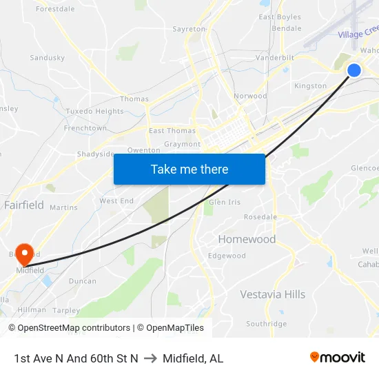1st Ave N And 60th St N to Midfield, AL map