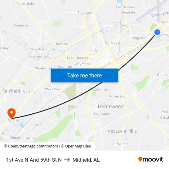 1st Ave N And 59th St N to Midfield, AL map