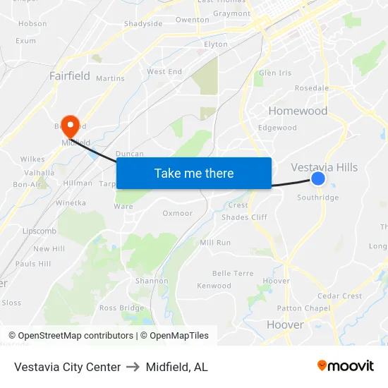 Vestavia City Center to Midfield, AL map