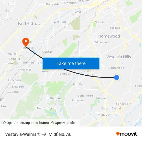 Vestavia-Walmart to Midfield, AL map