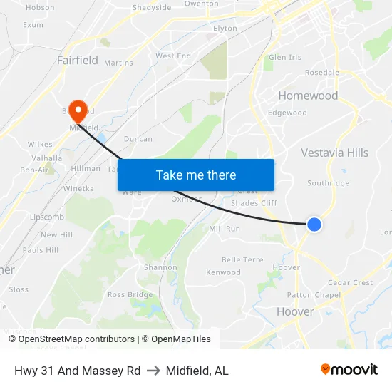 Hwy 31 And Massey Rd to Midfield, AL map