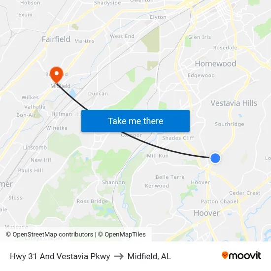 Hwy 31 And Vestavia Pkwy to Midfield, AL map