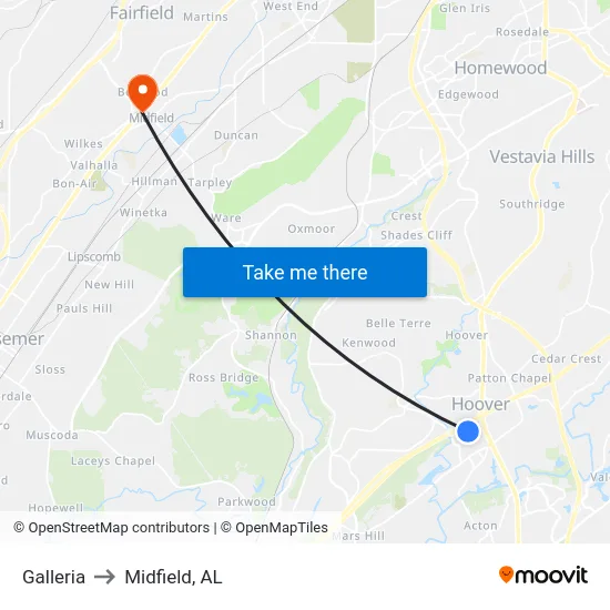 Galleria to Midfield, AL map