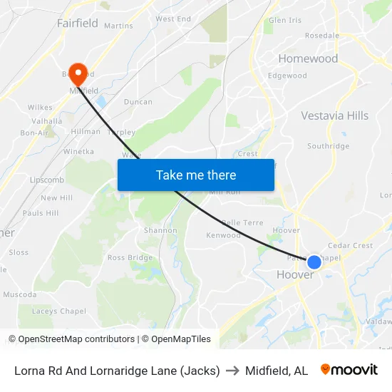 Lorna Rd And Lornaridge Lane (Jacks) to Midfield, AL map