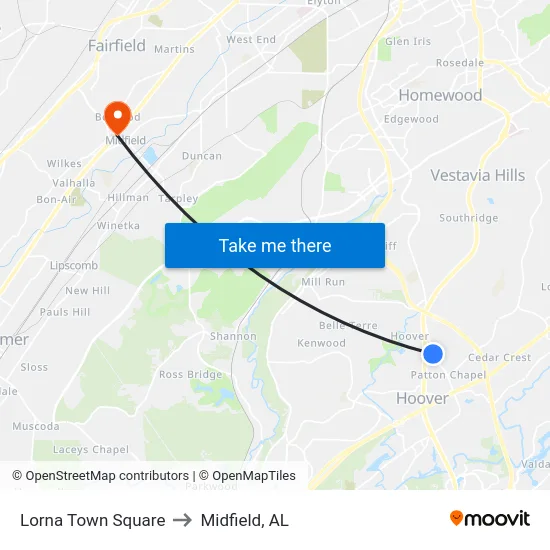 Lorna Town Square to Midfield, AL map