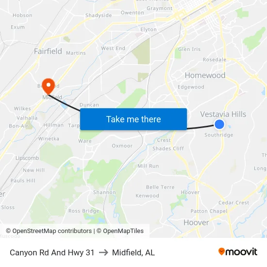 Canyon Rd And Hwy 31 to Midfield, AL map