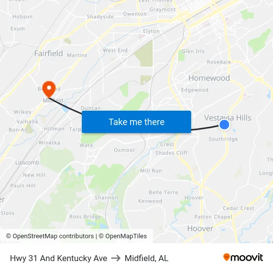 Hwy 31 And Kentucky Ave to Midfield, AL map