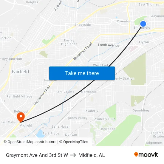 Graymont Ave And 3rd St W to Midfield, AL map