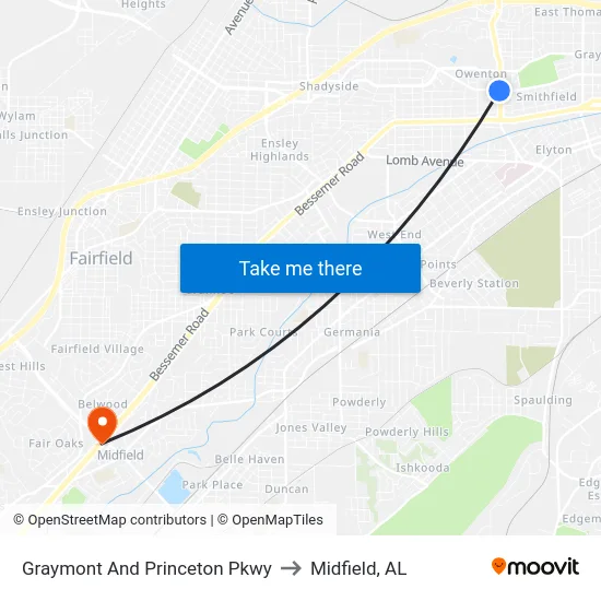 Graymont And Princeton Pkwy to Midfield, AL map