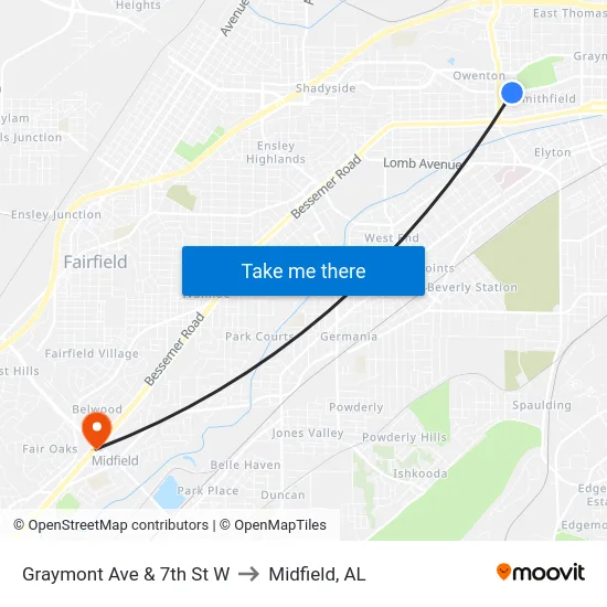 Graymont Ave & 7th St W to Midfield, AL map
