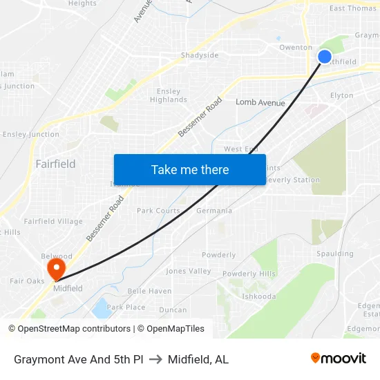 Graymont Ave And 5th Pl to Midfield, AL map