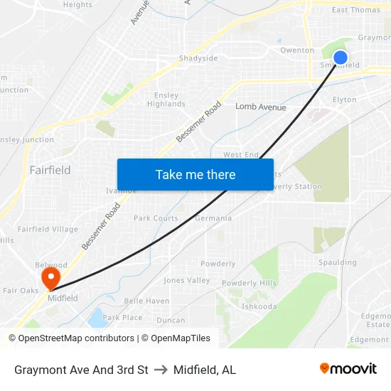 Graymont Ave And 3rd St to Midfield, AL map