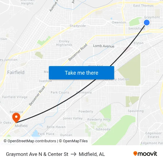 Graymont Ave N & Center St to Midfield, AL map