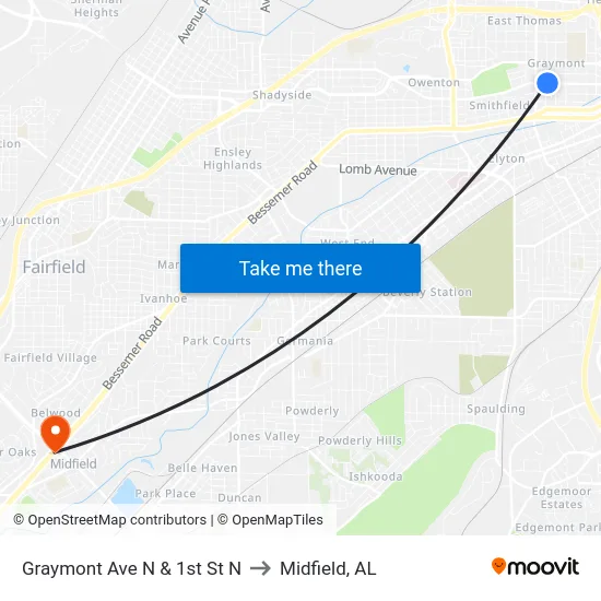 Graymont Ave N & 1st St N to Midfield, AL map