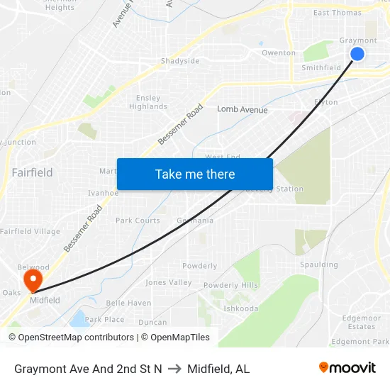 Graymont Ave And 2nd St N to Midfield, AL map