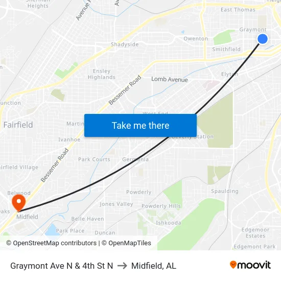 Graymont Ave N & 4th St N to Midfield, AL map