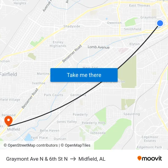 Graymont Ave N & 6th St N to Midfield, AL map