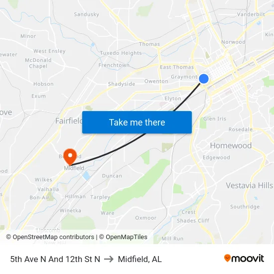5th Ave N And 12th St N to Midfield, AL map