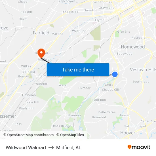 Wildwood Walmart to Midfield, AL map
