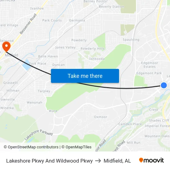 Lakeshore Pkwy And Wildwood Pkwy to Midfield, AL map
