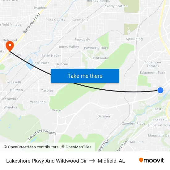 Lakeshore Pkwy And Wildwood Cir to Midfield, AL map