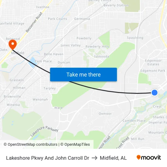Lakeshore Pkwy And John Carroll Dr to Midfield, AL map