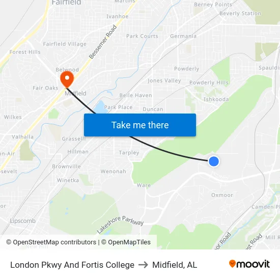 London Pkwy And Fortis College to Midfield, AL map
