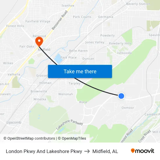 London Pkwy And Lakeshore Pkwy to Midfield, AL map