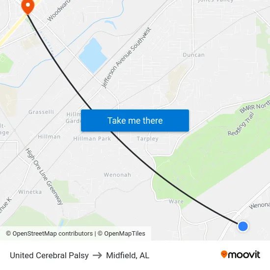United Cerebral Palsy to Midfield, AL map
