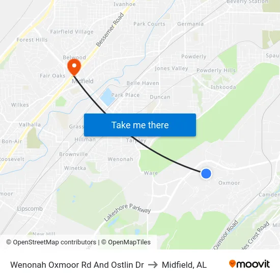 Wenonah Oxmoor Rd And Ostlin Dr to Midfield, AL map