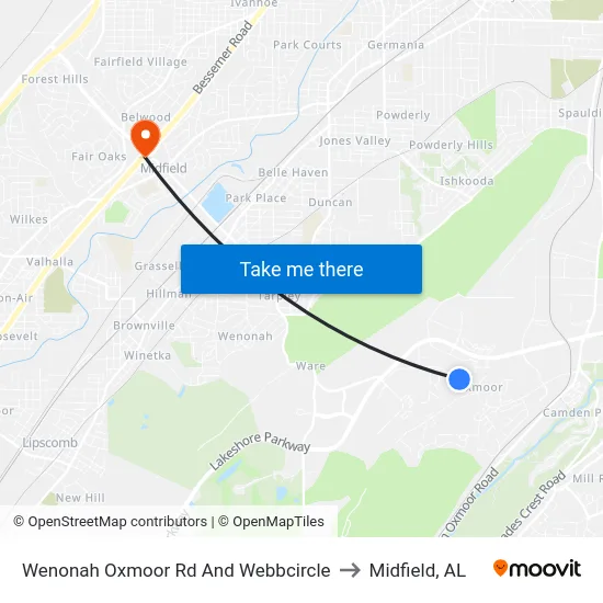 Wenonah Oxmoor Rd And Webbcircle to Midfield, AL map