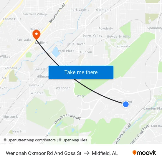 Wenonah Oxmoor Rd And Goss St to Midfield, AL map