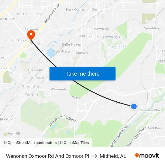 Wenonah Oxmoor Rd And Oxmoor Pl to Midfield, AL map