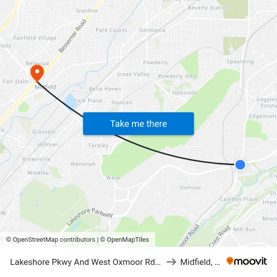 Lakeshore Pkwy And West Oxmoor Rd (Ib) to Midfield, AL map